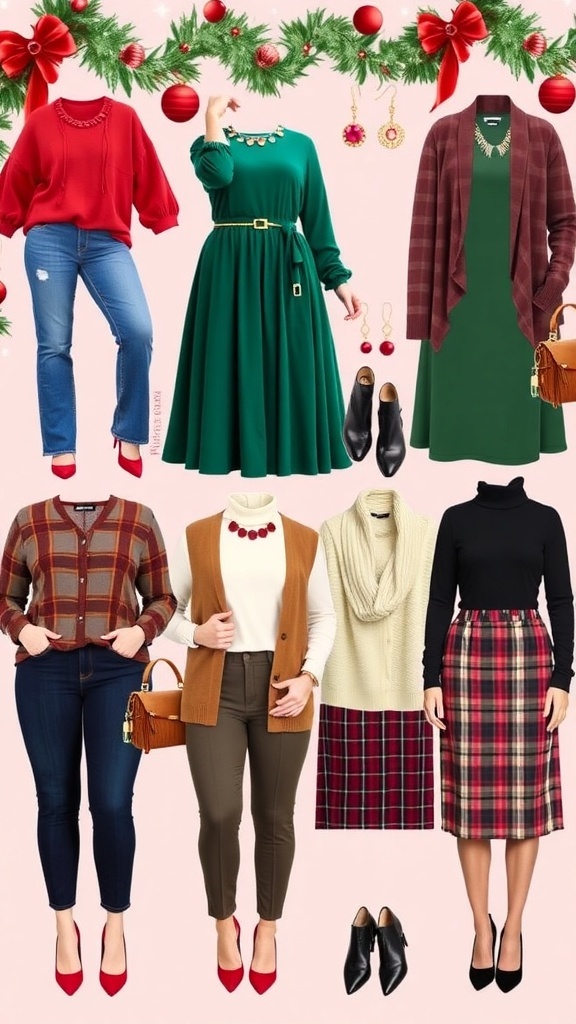 Stylish plus-size Christmas outfits featuring a variety of festive looks on a holiday-themed backdrop.